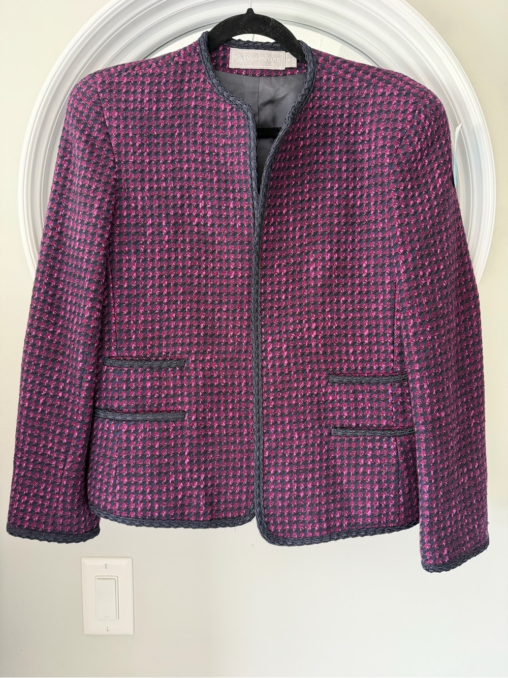 Vintage Evan-Picone Collarless Tweed Jacket Berry Pink Black Houndstooth Size 6